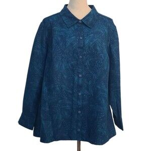 Catherines Womens 2XWP Blue Feather Paisley Button Up Soft Shirt Office Party